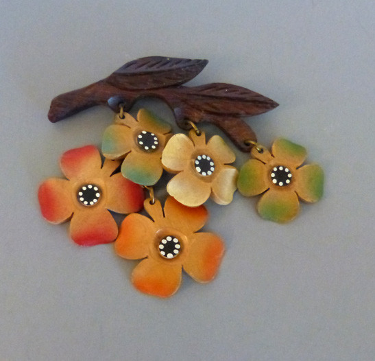 Wooden Brooches
 COLORFUL wood brooch with aqua green red flowers on