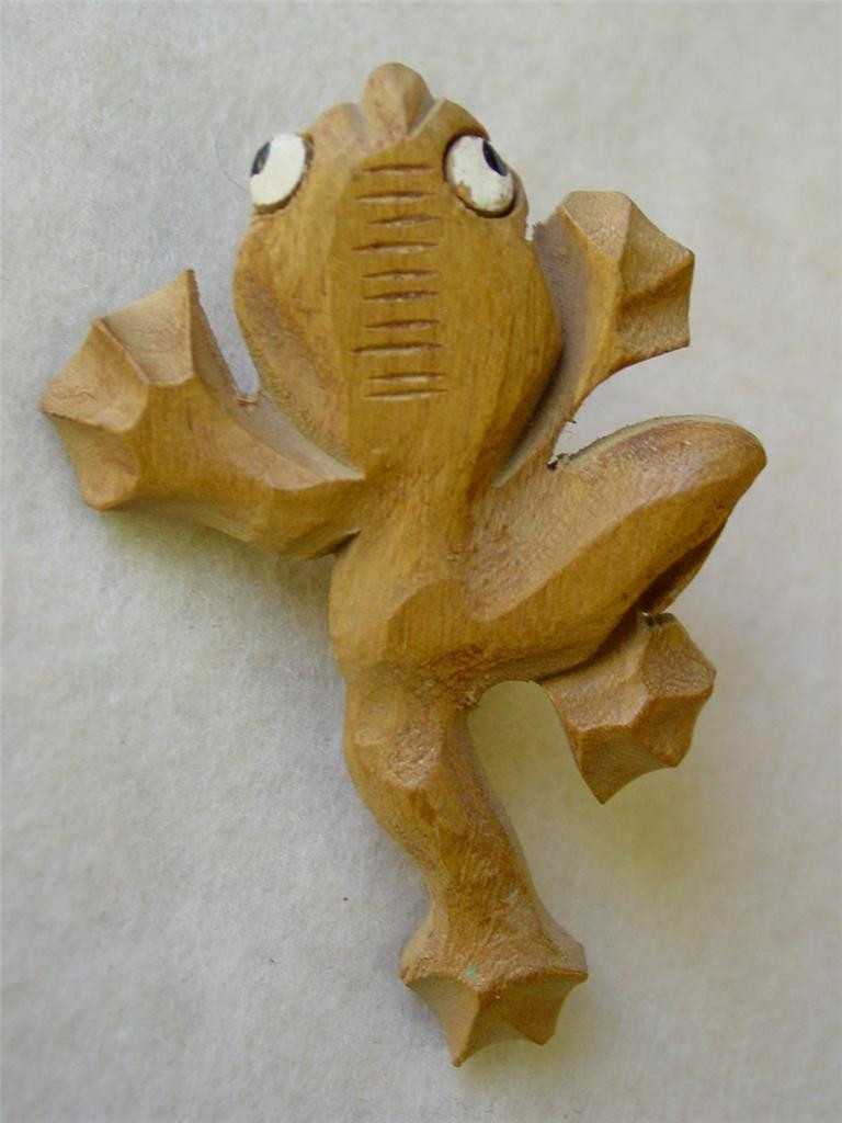 Wooden Brooches
 Vtg Hand Carved Frog Wood Brooch Pin