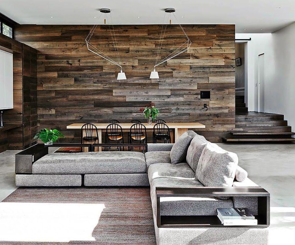 Wooden Wall Designs Living Room
 open floor plan reclaimed wood wall brick fireplace living