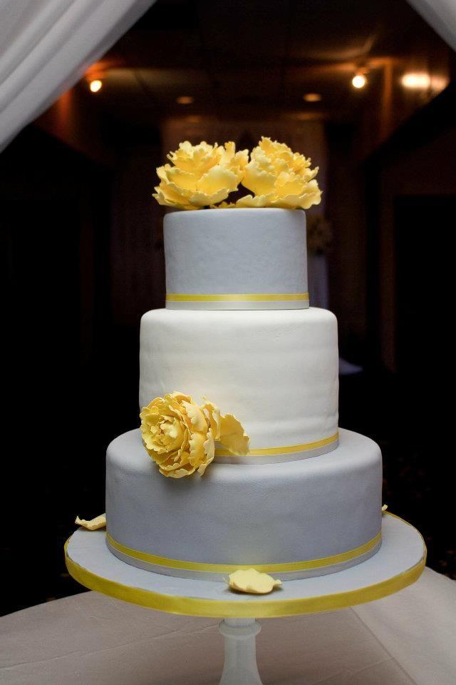 Yellow And Gray Wedding Cakes
 Simple Elegant Peonies wedding cake ivory silver yellow