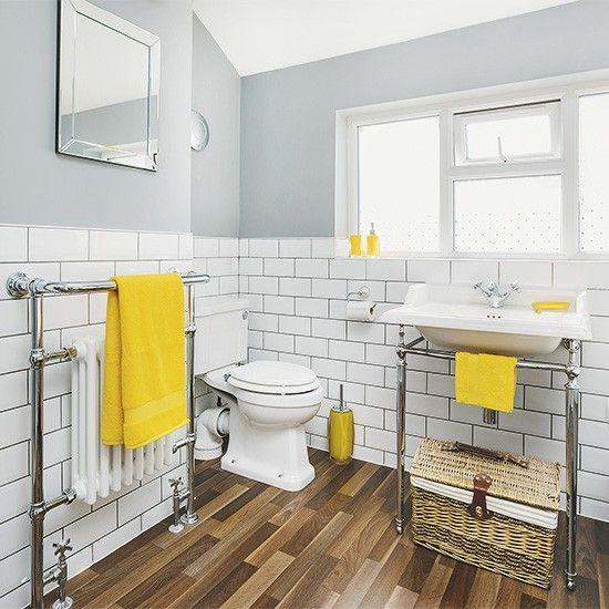 Yellow And Grey Bathroom Decor
 White and grey bathroom with yellow accents and faux wood