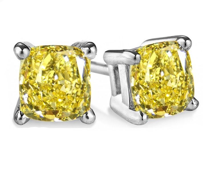 Yellow Diamond Earrings
 2 50 Ct Fancy Canary Yellow Cushion Diamond Studs Earrings