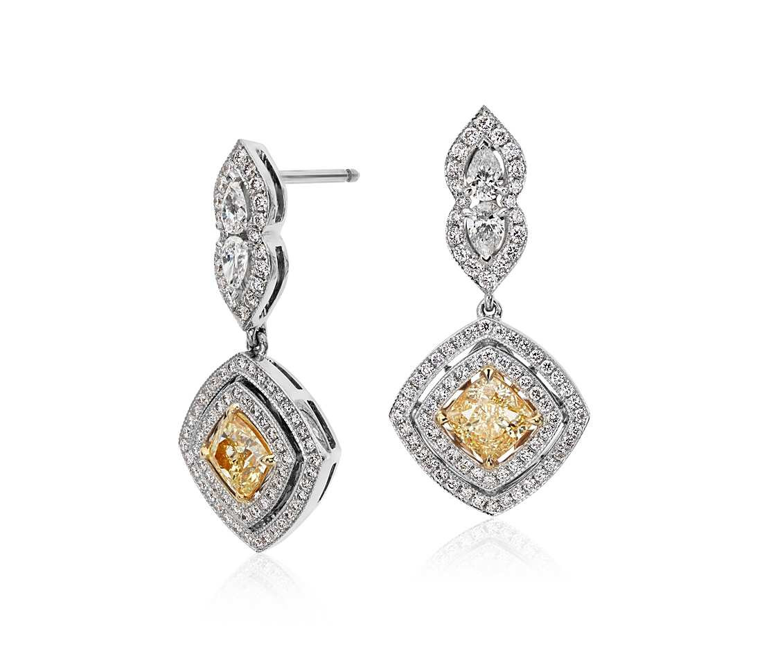 Yellow Diamond Earrings
 Fancy Yellow Diamond Drop Earrings in 18k White Gold