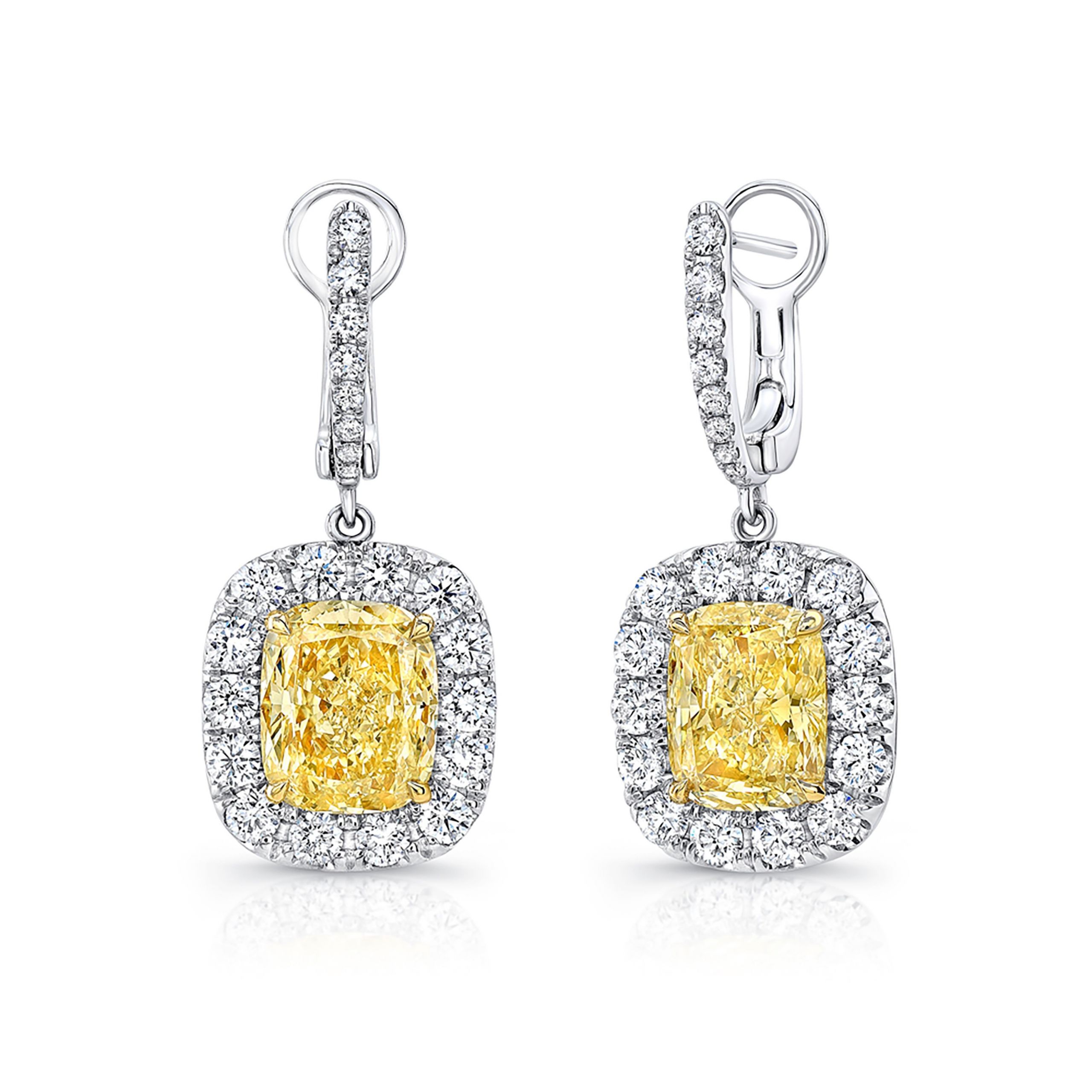 Yellow Diamond Earrings
 Uneek Cushion Cut Fancy Yellow Diamond Dangle Earrings in
