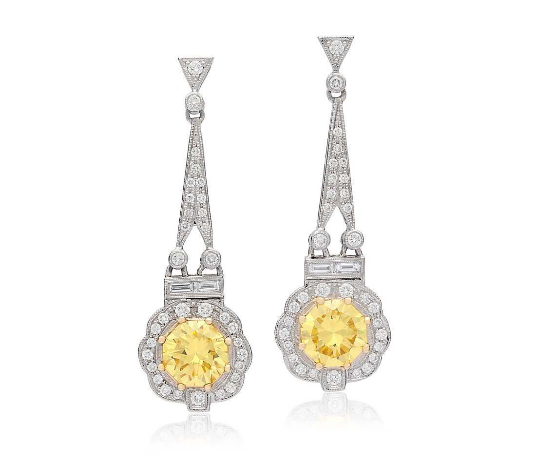 Yellow Diamond Earrings
 Estate Fancy Intense Yellow Diamond Drop Earrings in