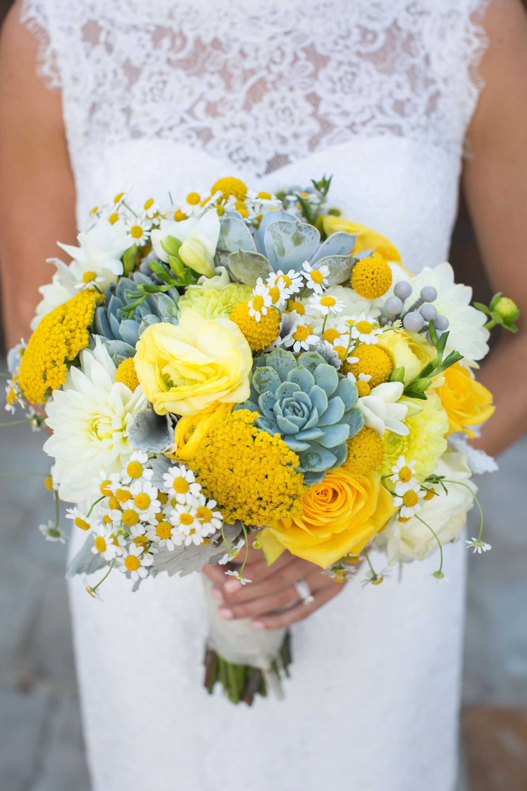Yellow Flowers For Wedding
 Yellow succulent bridal bouquet Succulents chamomile