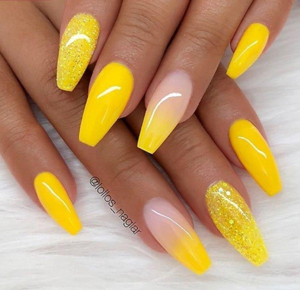 Yellow Glitter Nails
 Best and Newest Yellow Nail Designs 2019