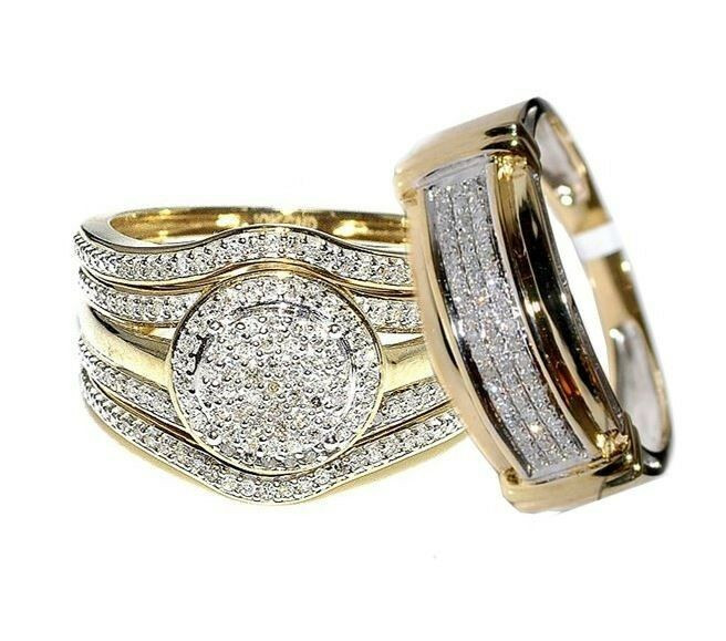 Yellow Gold Wedding Rings Sets For His And Her
 His and Her Bridal Trio Rings Set 4 Piece 10k Yellow Gold