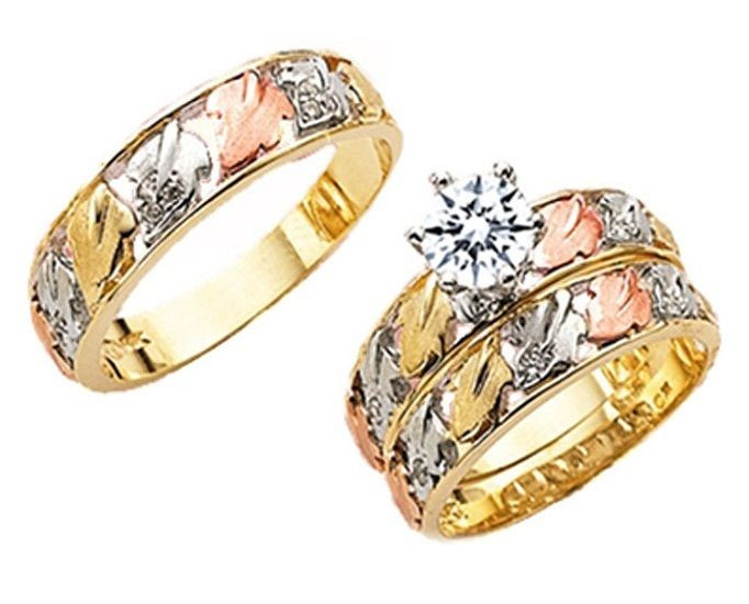 Yellow Gold Wedding Rings Sets For His And Her
 14k Yellow Gold Trio Cubic Zirconia His & Her Bridal Set