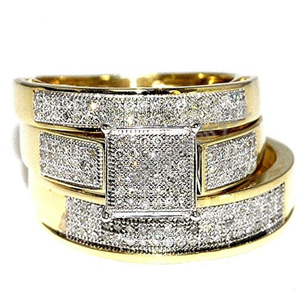 Yellow Gold Wedding Rings Sets For His And Her
 His & Her Band Diamond Wedding Trio Bridal Engagement Ring