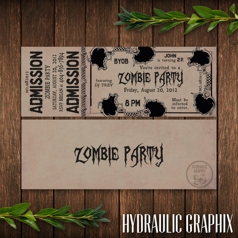 Zombie Birthday Invitations
 Zombie Party Invitation Printable Birthday Ticket Invitation