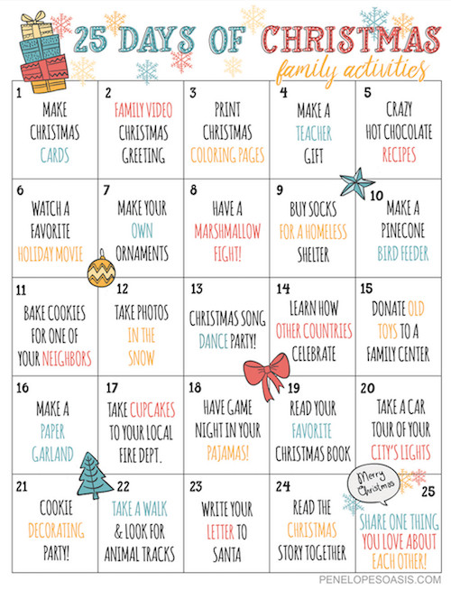 25 Days Of Christmas Ideas
 25 Days of Christmas Advent Activities Calendar Printable