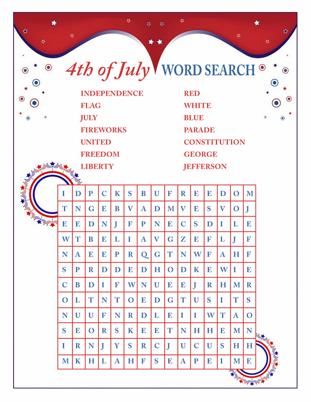 4th Of July Activities For Adults
 July 4 word search Free Printable Coloring Pages