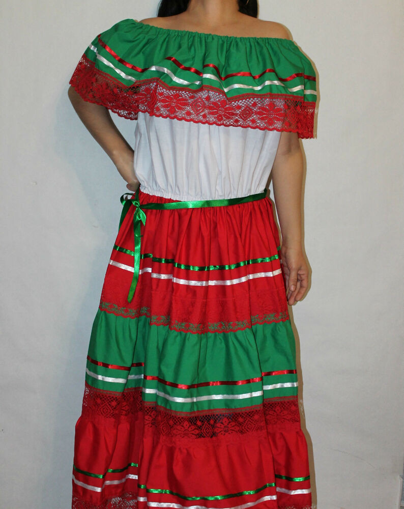 Cinco De Mayo Dresses Ideas
 TRICOLOR PEASANT MEXICAN LACE DRESS OFF SHOULDER CINCO DE