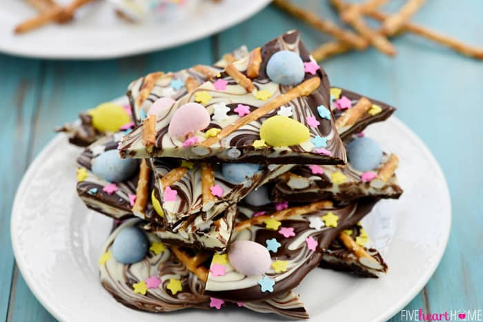 Easter Bark Recipe
 Easter Egg Pretzel Chocolate Swirl Bark • FIVEheartHOME