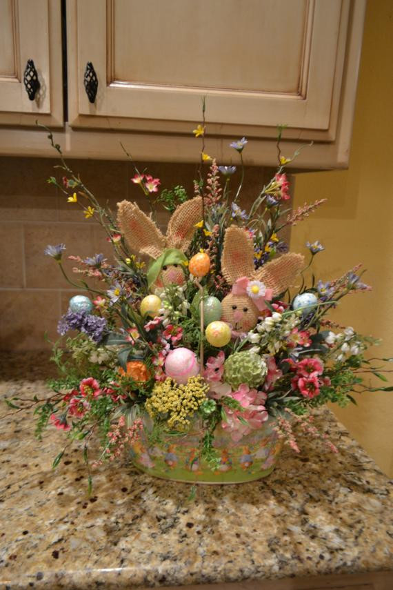 Easter Basket Decorating Ideas
 Metal Easter Basket With Burlap Bunnies