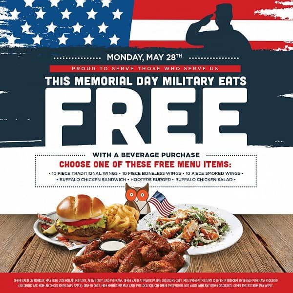 Free Food Memorial Day
 Military Eats Free at Hooters this Memorial Day
