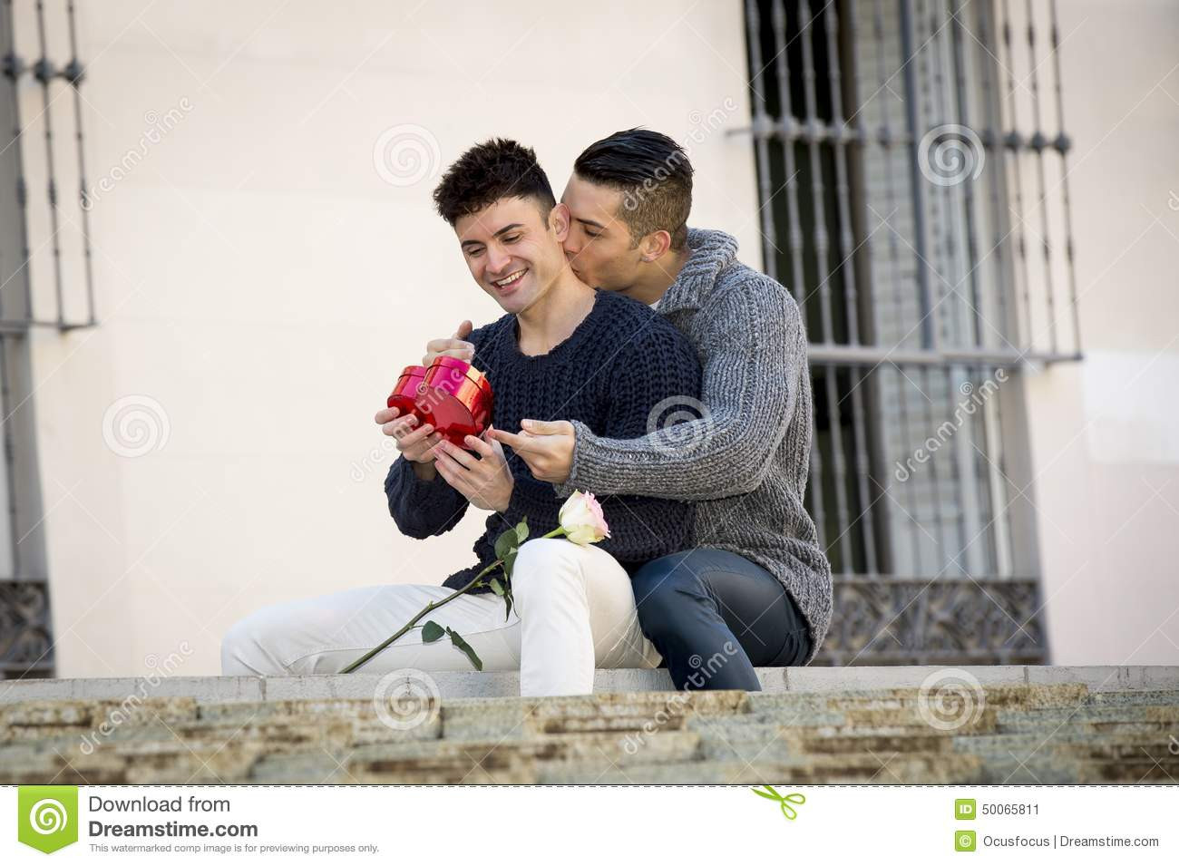 Gay Valentines Day Gift
 Stock Young men couple with rose and box