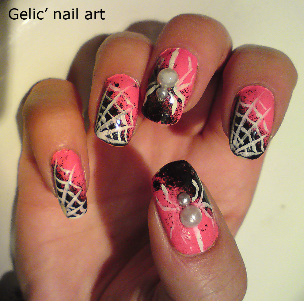 Halloween Design For Nails
 Gelic nail art Halloween white spider nail art in pink