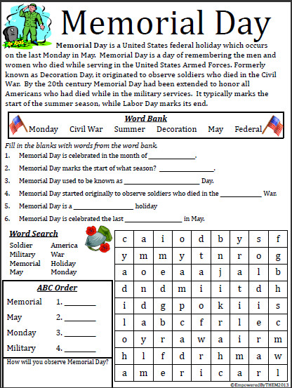 Memorial Day Printable Activities
 Empowered By THEM Memorial Day Freebie
