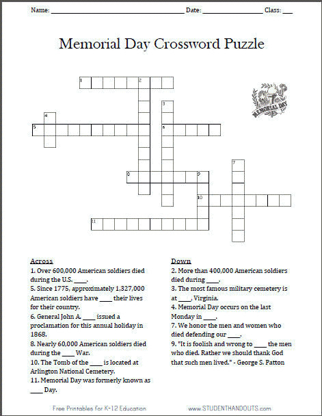 Memorial Day Printable Activities
 Free Printable Memorial Day Crossword Puzzle Worksheet
