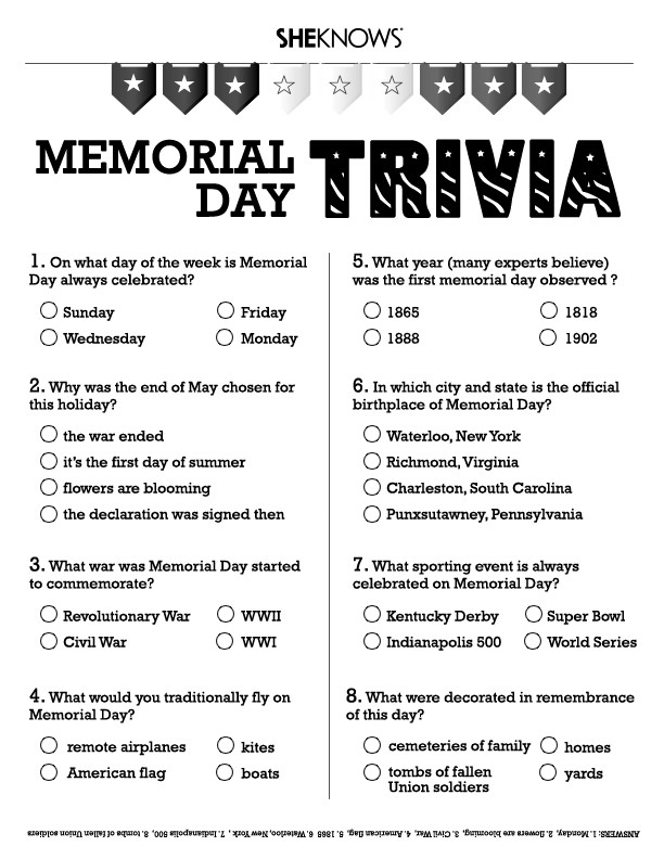 Memorial Day Printable Activities
 Memorial Day trivia Free Printable Coloring Pages