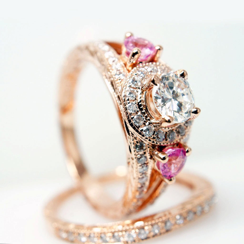 Rose Gold Diamond Rings
 Vintage Style 14k Rose Gold Diamond Engagement Ring w Pink