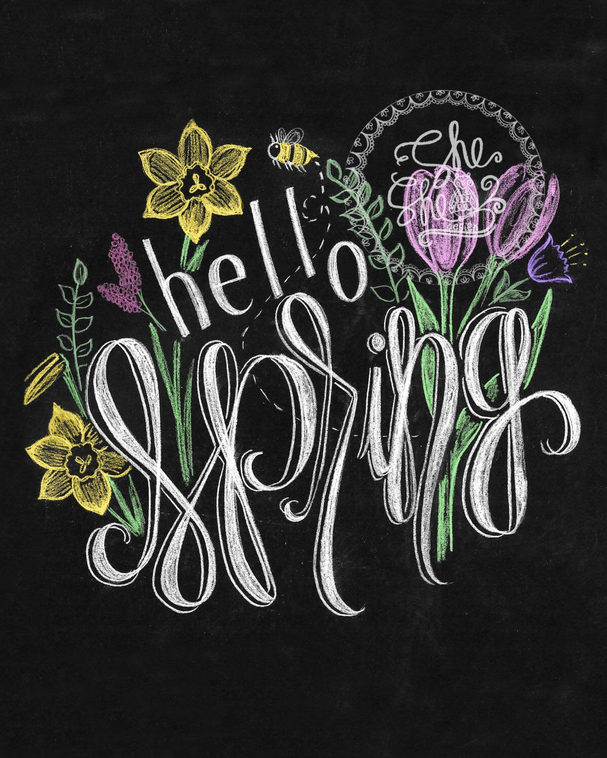 Spring Ideas Drawing
 Hello Spring Hand drawn Chalkboard Print by SheSheDesign