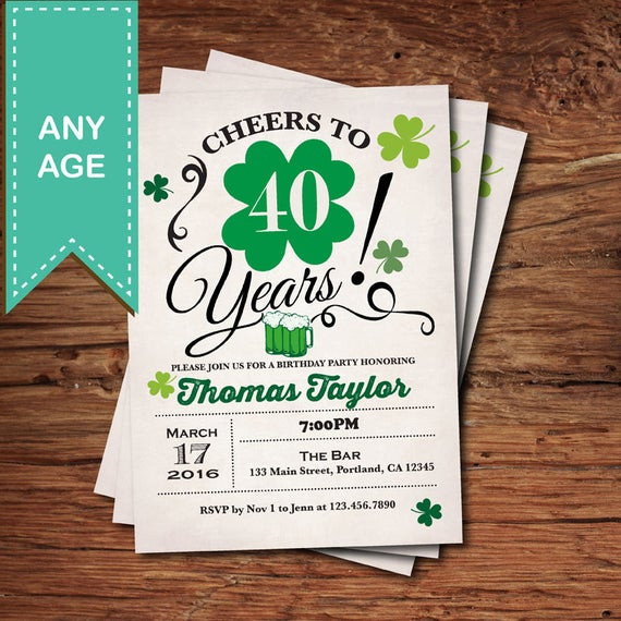St Patrick's Day Party Invitations
 St Patrick day adult birthday invitation Green clover 40th