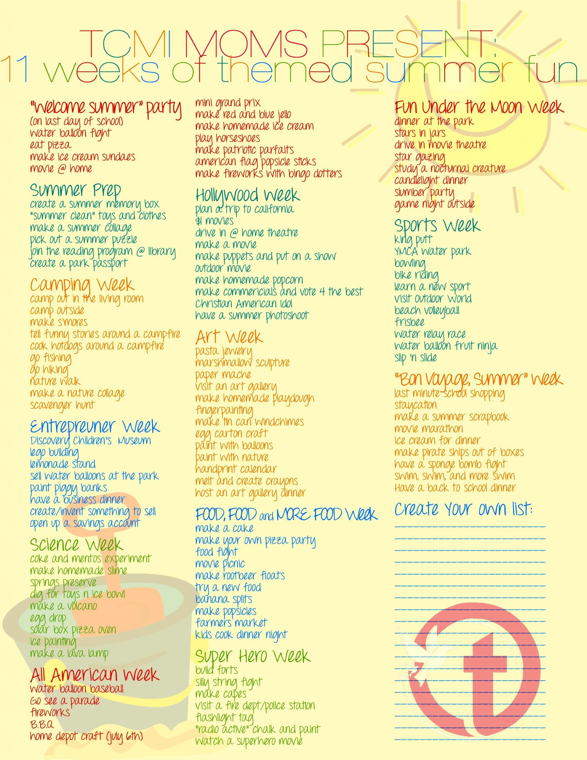 Summer Camp Theme Weeks Ideas
 A weekly themed Summer Bucket List