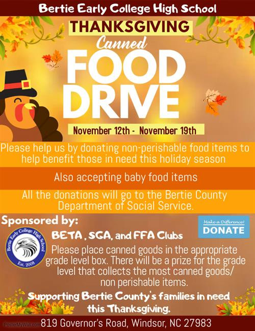 Thanksgiving Canned Food Drive
 Bertie Early College High School Homepage