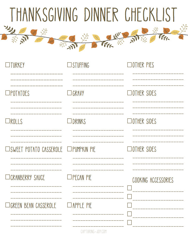 Thanksgiving Food Checklist
 Printable Thanksgiving Dinner Checklist and Recipes